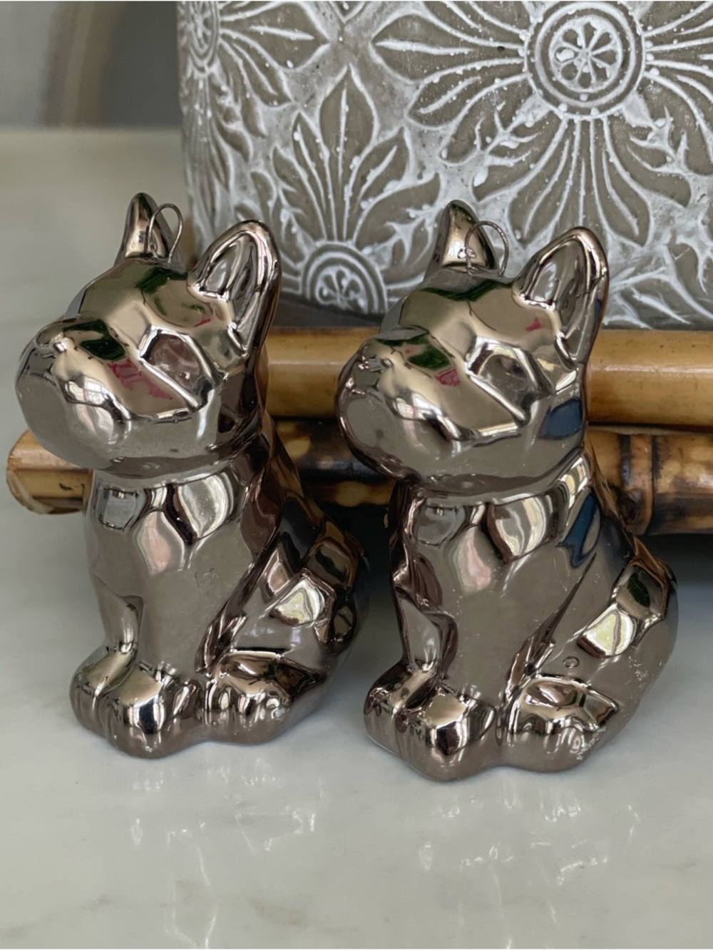 Pair of Metallic Silver French Bulldog Christmas Ornaments 3x2 .